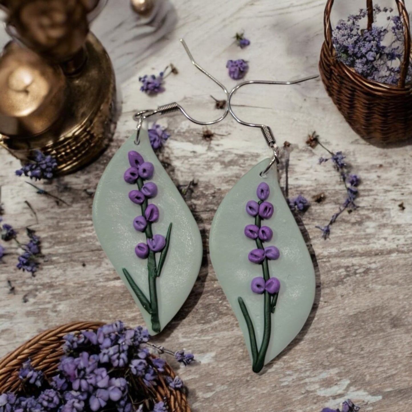 Lavender Sprigs Dangles (blue background)