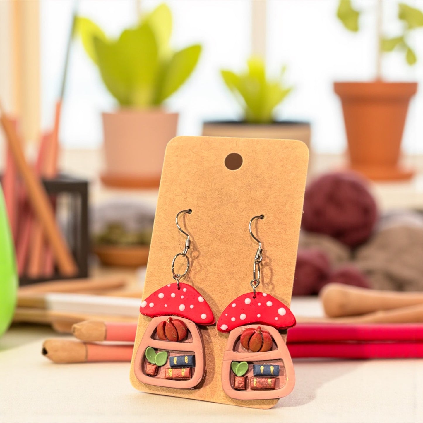 Mushroom bookshelf earrings